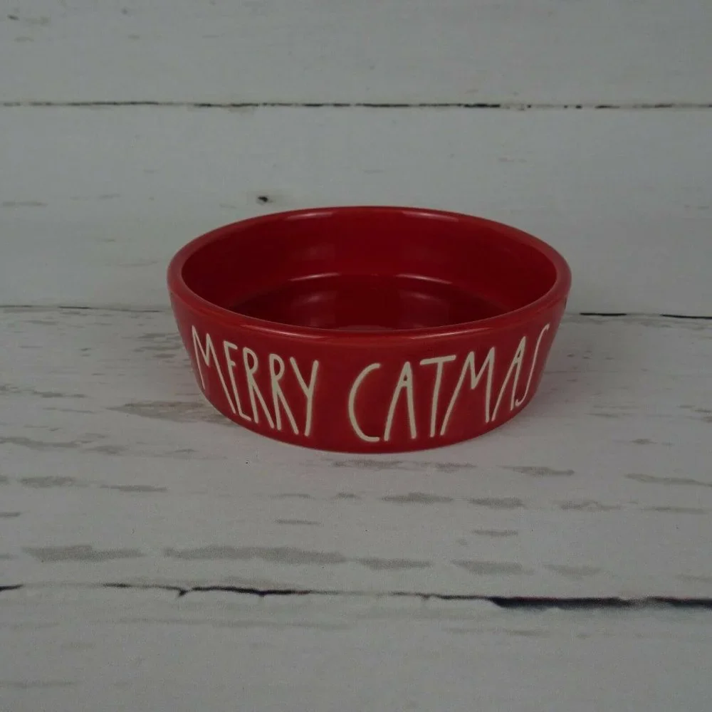 New Rae Dunn "Merry Catmas" Cat Pet Dish Feeding Bowl Red Farmhouse Ceramic - Picture 3 of 8